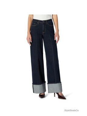 High-Rise Wide Leg Cuffed Jeans Low Stretch Denim Pintuck Detail